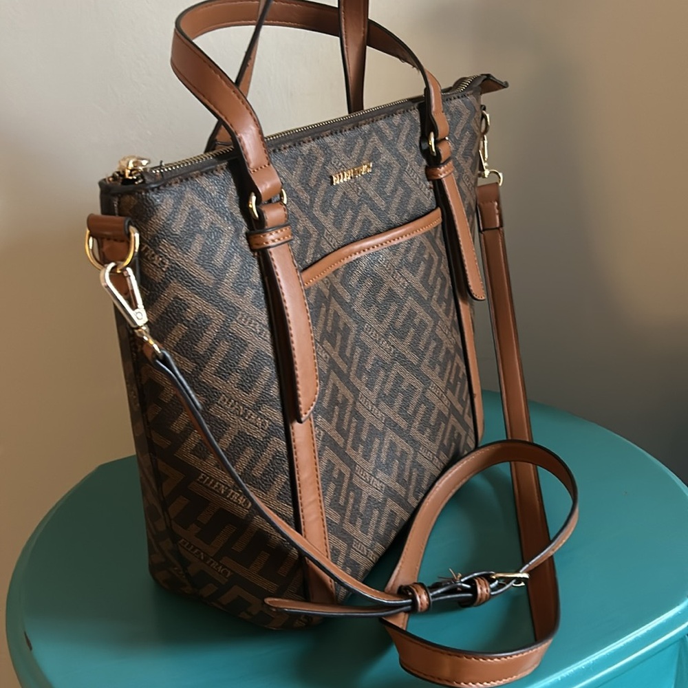 Ellen Tracy Brown Signature Collection Brown Logo Printed Tote with Strap - Picture 3 of 10